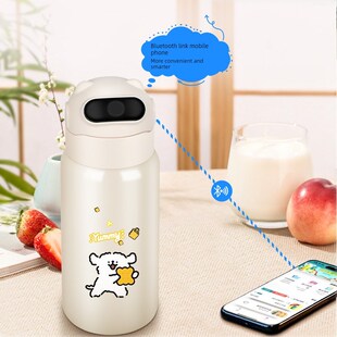 可爱线条小狗智能指纹解锁保温水杯316L不锈钢内胆双饮口防恶作剧