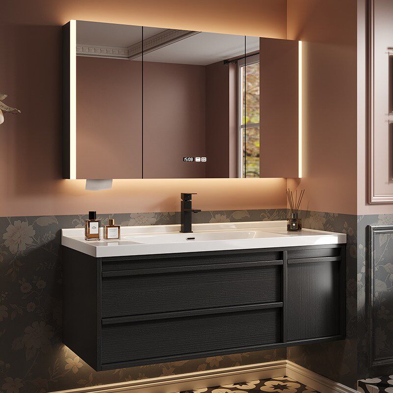 中古风黑色陶瓷一体盆浴室柜镜柜组合化妆室洗脸盆柜洗漱台洗手盆