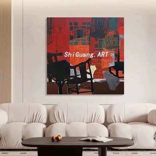 SGMX手绘油画中古抽象马蒂斯餐厅客厅装 饰画覆古红色民宿肌理挂画
