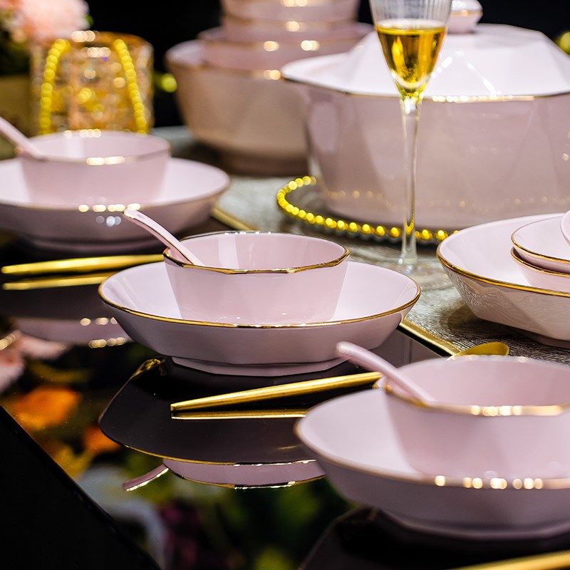 碗碟套装家用2024新款粉色陶瓷碗盘碗筷釉下彩盘子碗乔迁餐具套装,餐饮具,碗,淘宝优惠券,粉丝福利购,淘宝优惠卷