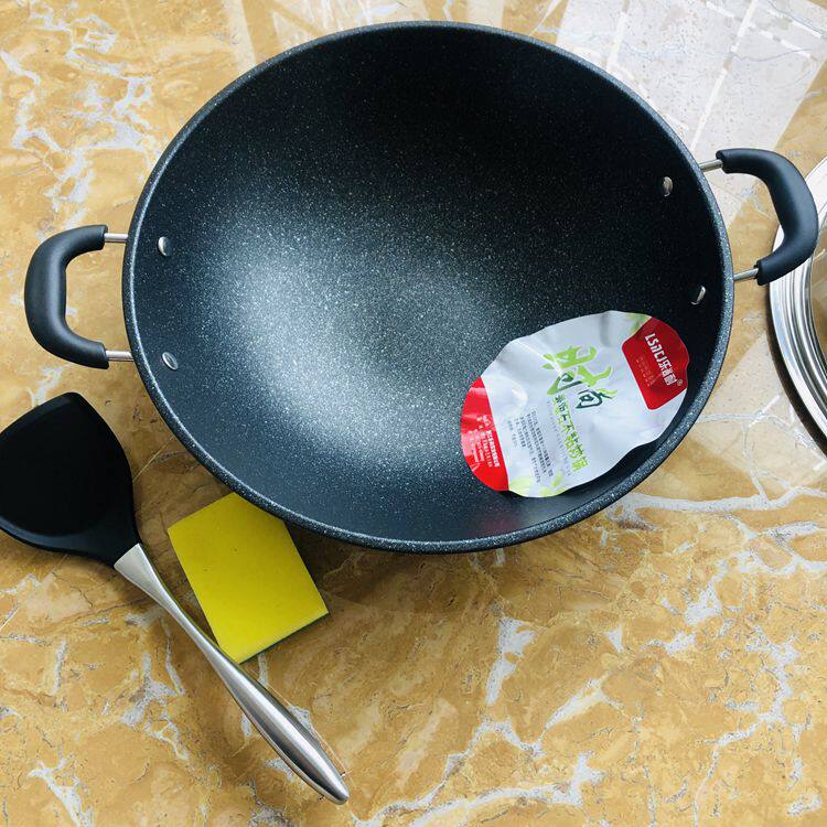 乐尚耐双耳圆底麦饭石不粘锅无油烟不生锈炒菜锅精铁锅燃气灶专用