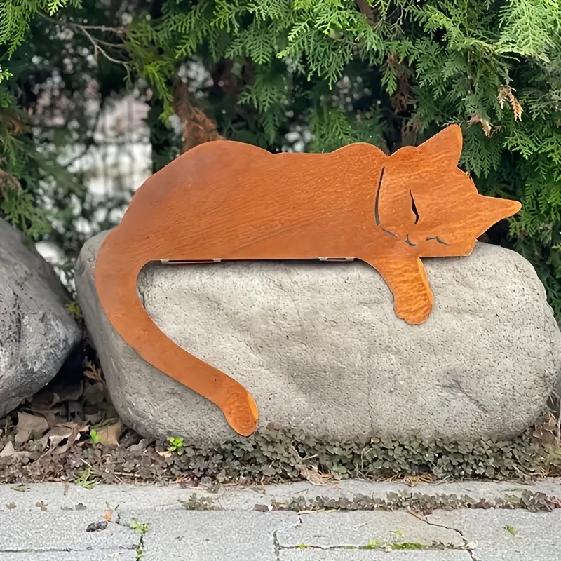 困倦的黑猫雕像户外花园s艺术生锈铁艺猫剪影栅栏顶部摆件围栏装