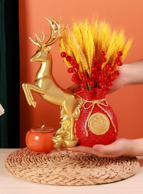 新中式招财福袋鹿麦穗装饰摆饰立马发财家居玄关摆设乔迁开业礼物