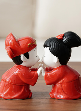 创意卡通新郎新娘婚房装饰喜庆摆件古风情侣陶瓷摆件七夕情人