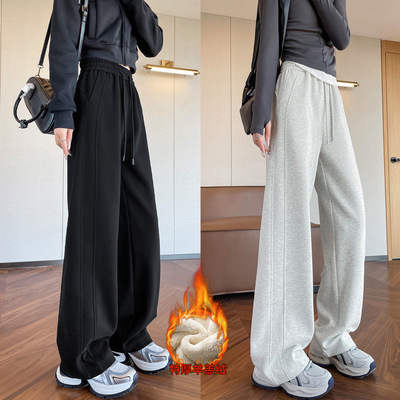 黑色加绒运动裤子女冬2025新款加厚卫裤保暖棉裤休闲直筒阔腿冬裤