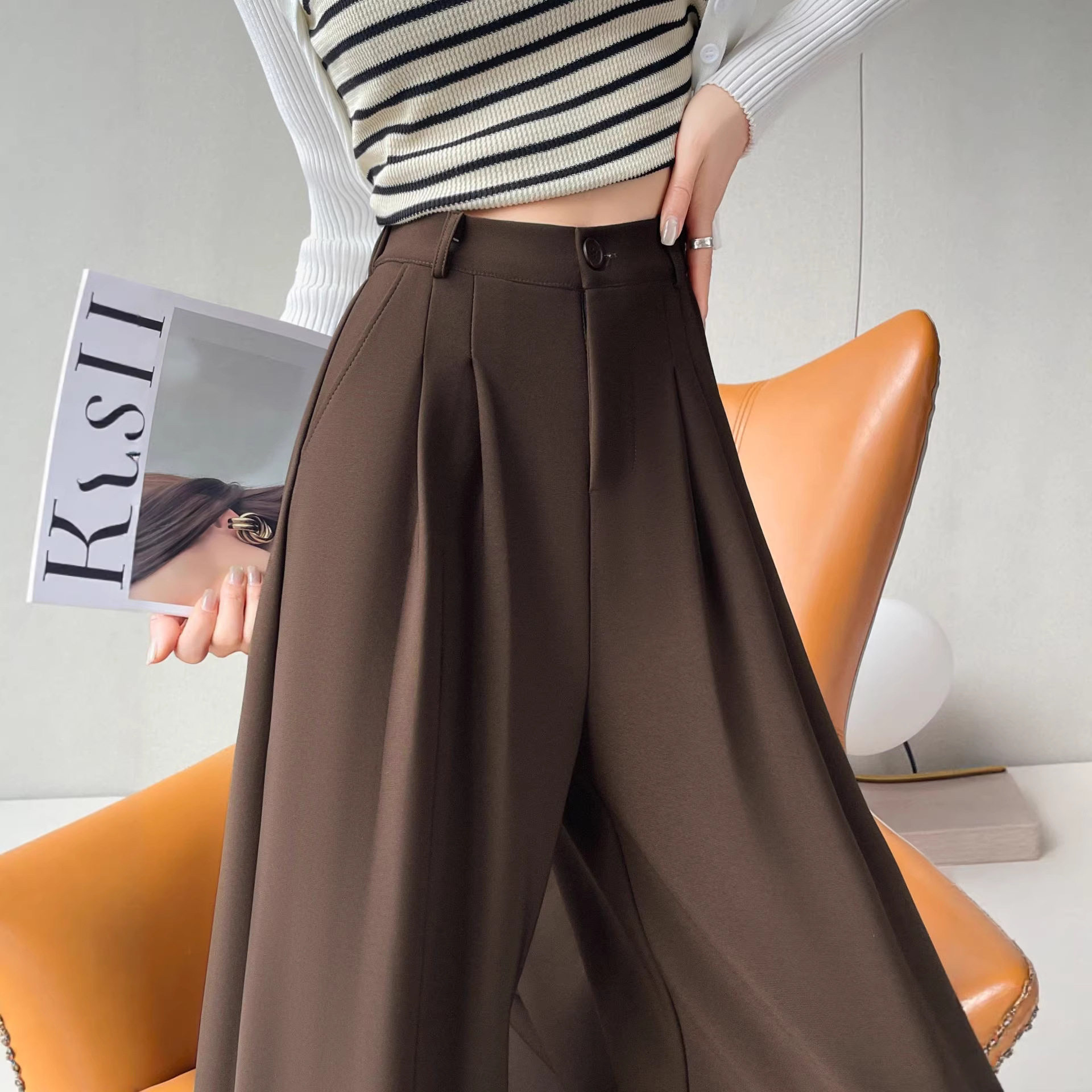 咖色西装裤女秋冬季2025新款小个子胖mm大码休闲直筒窄版阔腿长裤