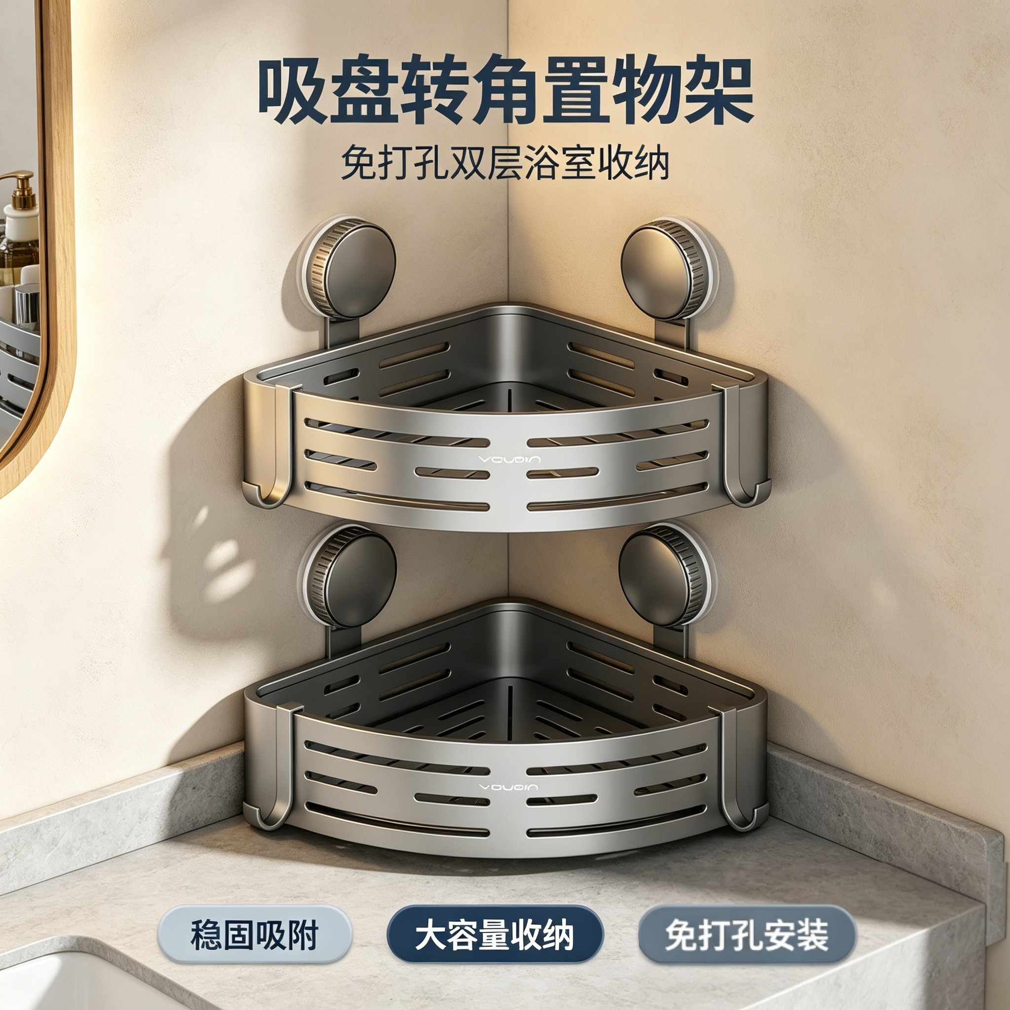转角双层沥水吸盘置物架浴室免打孔壁挂卫生间洗漱台墙角收纳架子