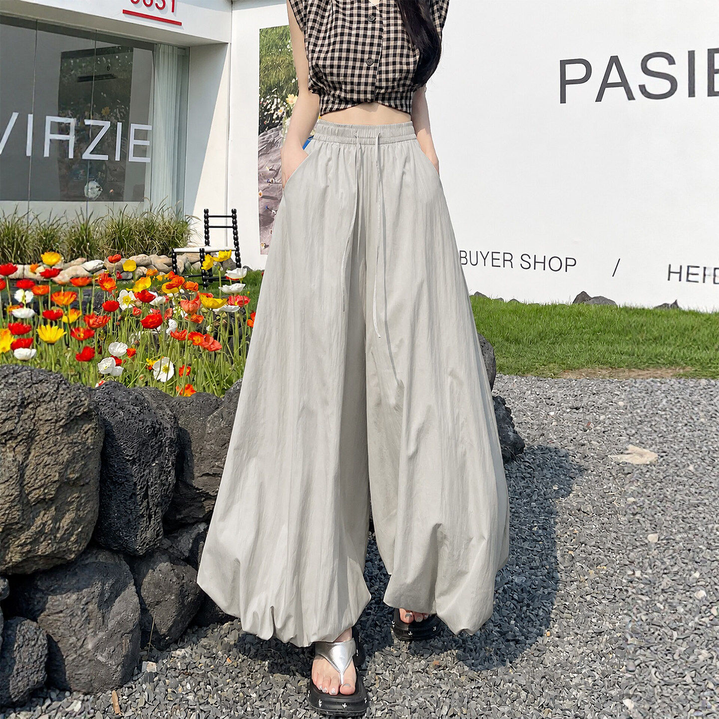 冰丝花苞裙裤女2026新款夏日轻薄灰色灯笼裤小个子宽松慵懒阔腿裤
