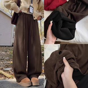 咖色灯芯绒弯刀裤女裤秋冬季加绒加厚小个子高腰显瘦直筒阔腿裤子