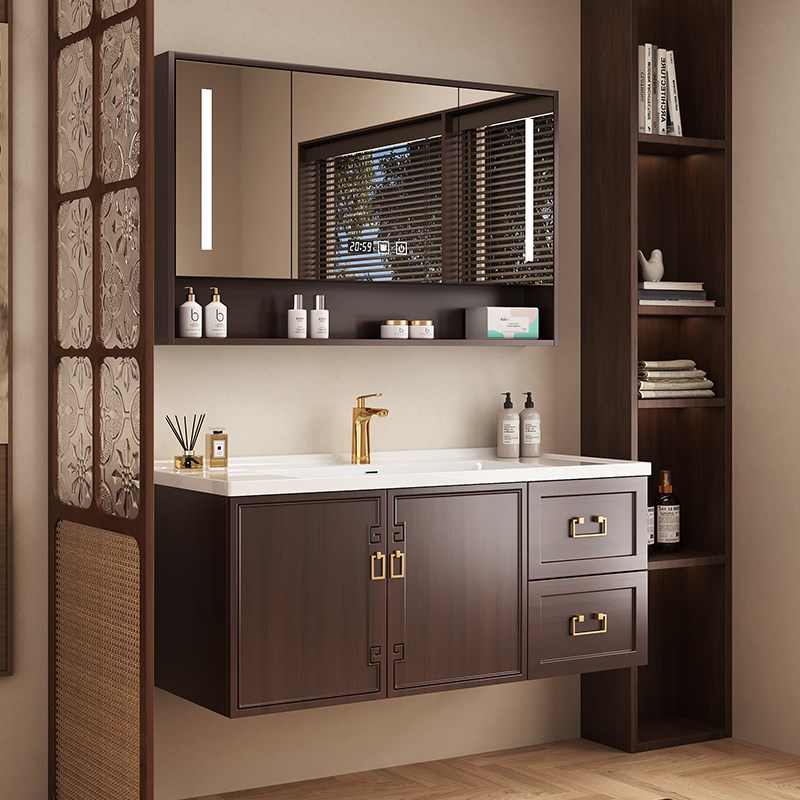 中古风橡木浴室柜k陶瓷一体盆卫生间智能洗手台洗脸盆柜组合挂墙