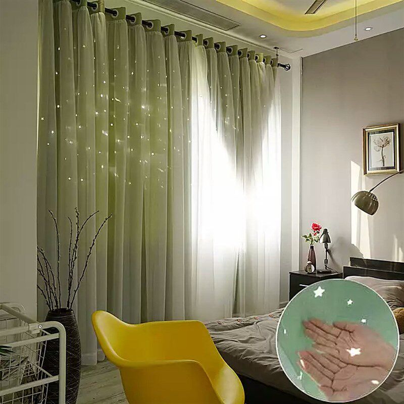 极速韩式双层蕾丝遮光镂空星星窗帘定制公主粉色窗帘卧室夜光窗帘