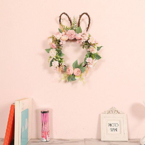Easter Day Decoration Bunny Ears Pink Rose Wreath Welcome