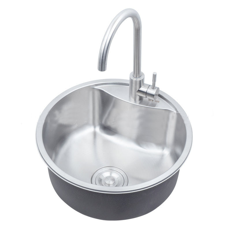 圆形厨房拉丝水槽304不锈钢小单槽洗菜盆加厚加深淘菜洗手洗碗盆