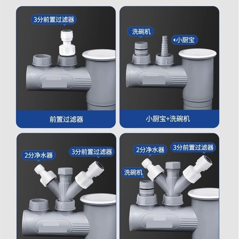 厨房洗菜盆下水管三通分流器多合一配件接头净水机小厨宝防臭神器