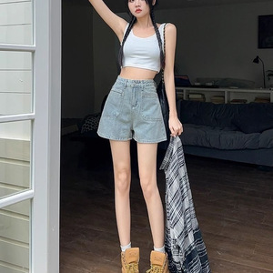 拉夏美式复古牛仔短裤女2025夏季爆款高腰a字时尚百搭短裤