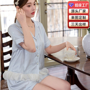 感可外穿家居服 冰丝睡衣女夏季 薄款 甜美风气质荷叶边短袖 套装