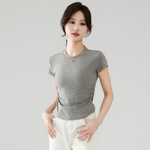 纯色正肩收腰圆领短袖小个子t恤女短袖女修上衣夏薄款轻奢高级感