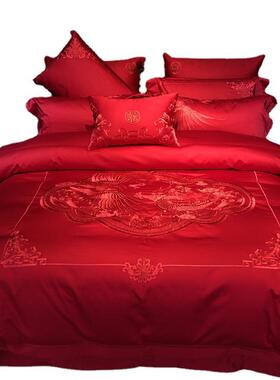 结婚季高档国风婚庆套件全棉贡缎四件套件套多中大红龙2020080凤