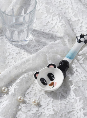 陶瓷勺子高颜值丑萌熊猫手绘长柄汤勺儿童勺吃饭调羹家庭个人专用