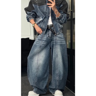 【主播强推】2026新品早春美式复古拼接牛仔夹克阔腿长裤套装