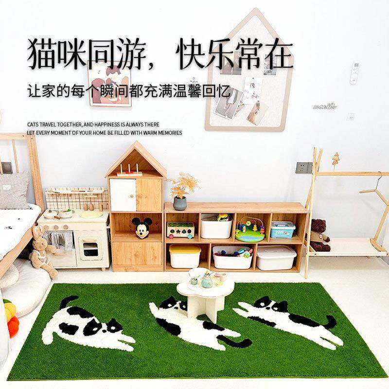 小单绿色地毯猫咪出游卧室床边毯客厅茶几民宿房间地毯家用
