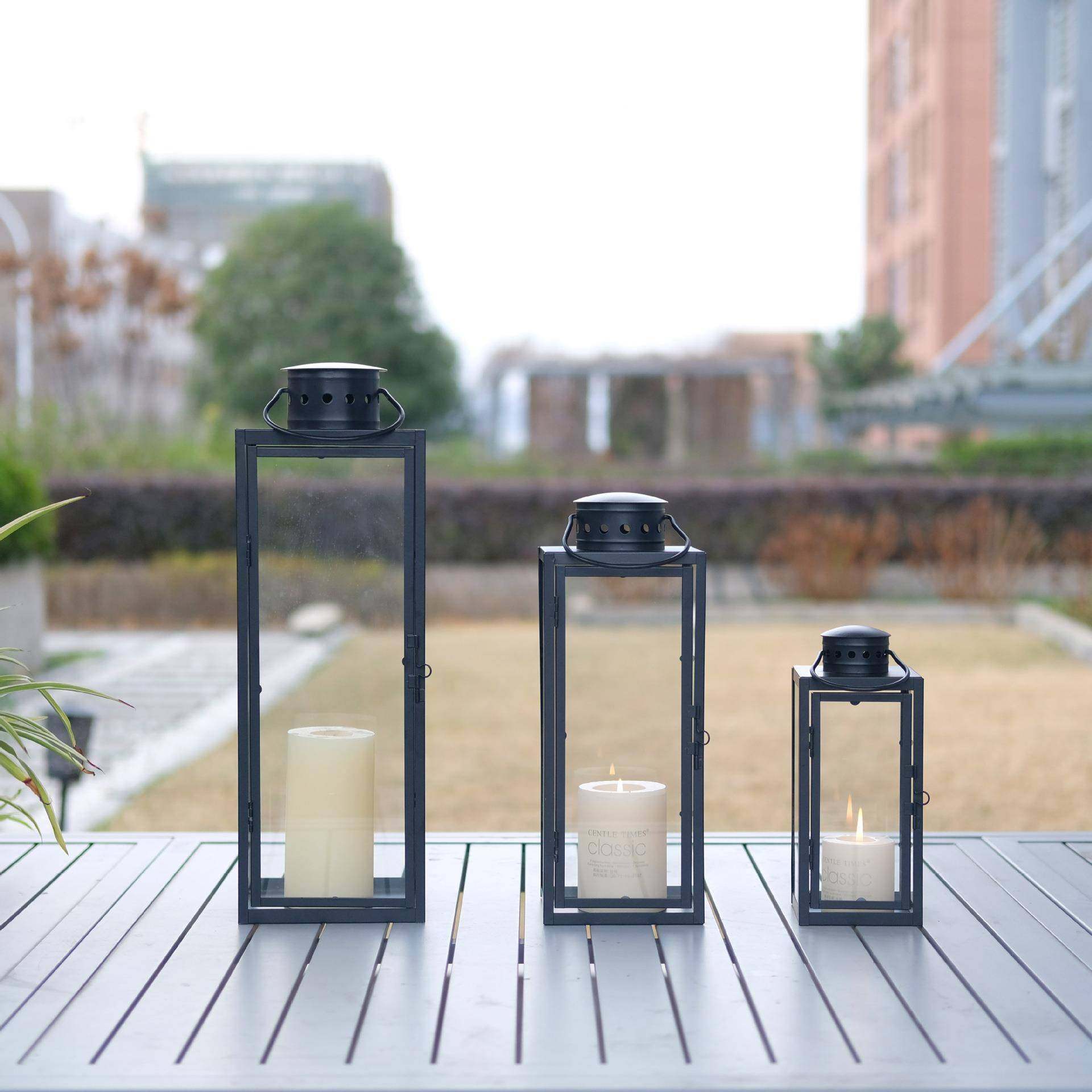 现货欧式简约黑色烛台亚马逊户外酒店装饰品大号手提铁艺风灯