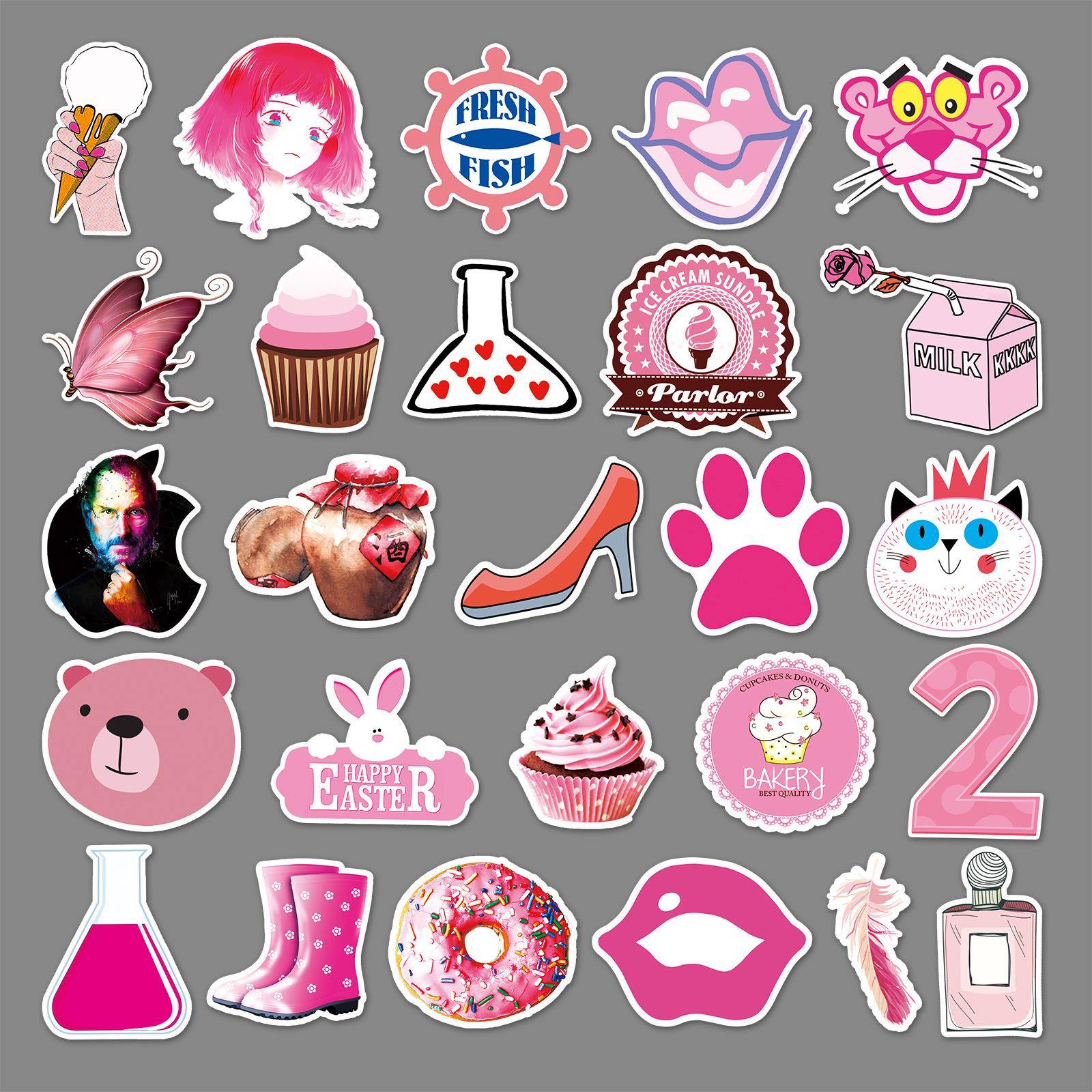 54张时尚粉红系列涂鸦贴纸个性行李箱机车滑板车防水手机汽车贴纸