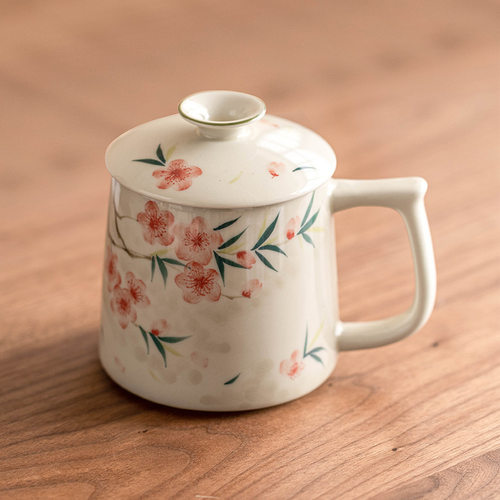 中式桃花手绘马克杯带盖陶瓷水杯茶杯女士高颜值茶水分离办公杯子
