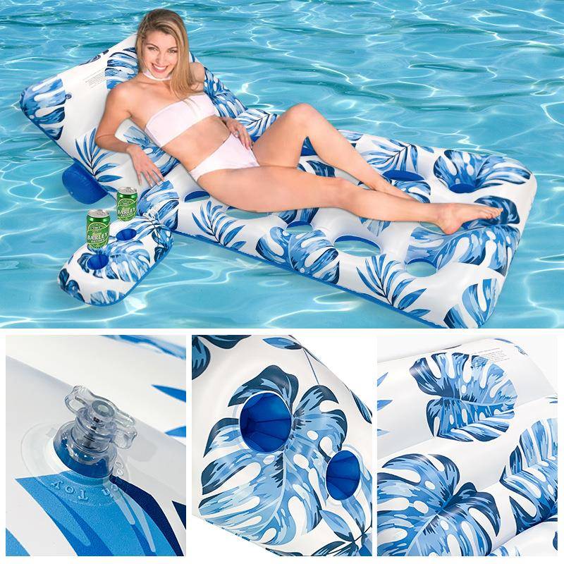 跨境环保加厚单人水上漂浮躺椅树叶花纹带杯座靠背洞洞充气浮排