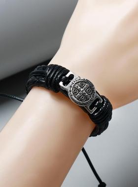 跨境新品复古编织绳男士皮革手链时尚可调节伸缩手环抽拉手链手饰
