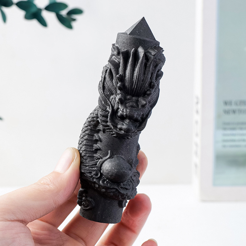 俄罗斯天然次石墨龙盘柱防辐射雕刻件创意东西方龙家居工艺品