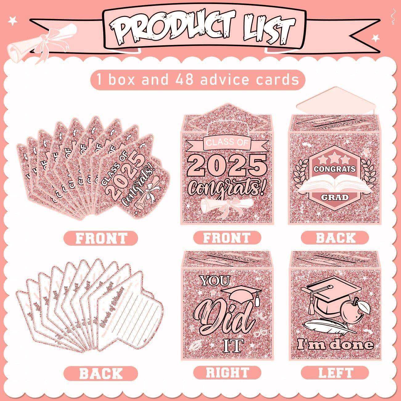 跨境新款2025毕业季粉色卡片盒子20张卡片派对礼品盒创意装饰礼物