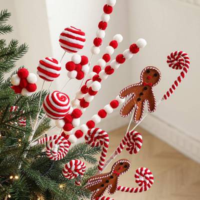 新款泡沫糖果毛绒棒棒糖姜饼人插枝装饰品摆件圣诞树插花节日布置