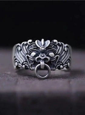 泰银开口椒图门神铺首指环男女 饕餮神兽戒指霸气首饰