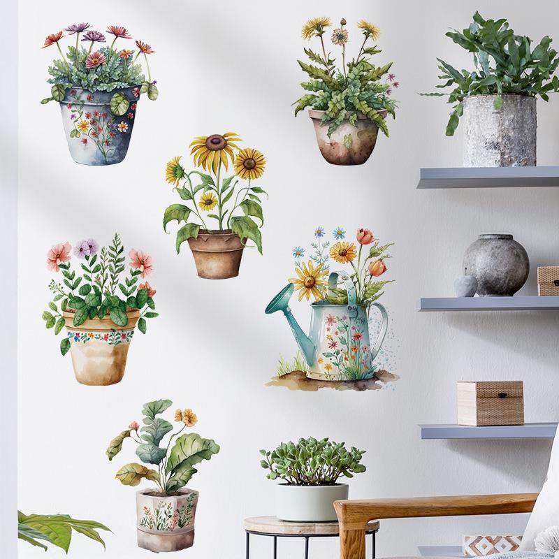 水彩花盆卡通植物卧室沙发背景贴纸雏菊田园可移除墙贴动物墙纸