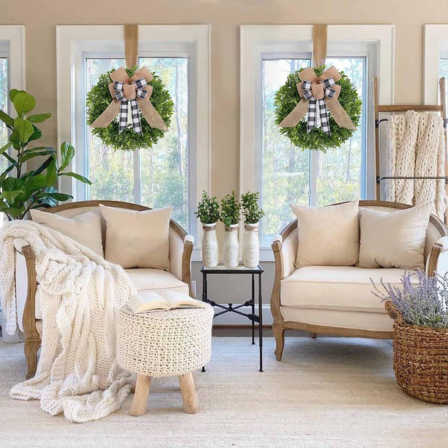 跨境新品去年花环蝴蝶结黑格节日装饰花环尤加利花环门挂厂家