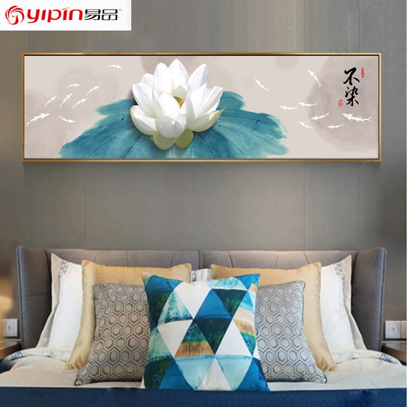 现代轻奢卧室挂画酒店民宿背景墙客厅抽象荷花九鱼图床头装饰画图片