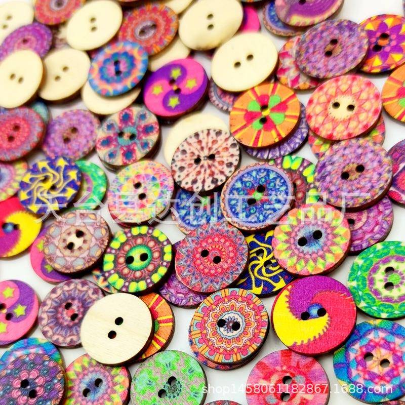 15mm/20mm/25mm复古原木圆片纽扣彩绘印花木纽扣100个每包