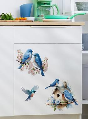 跨境卫生间马桶盖蓝色小鸟贴画可移除植物花卉房子浴室马桶贴