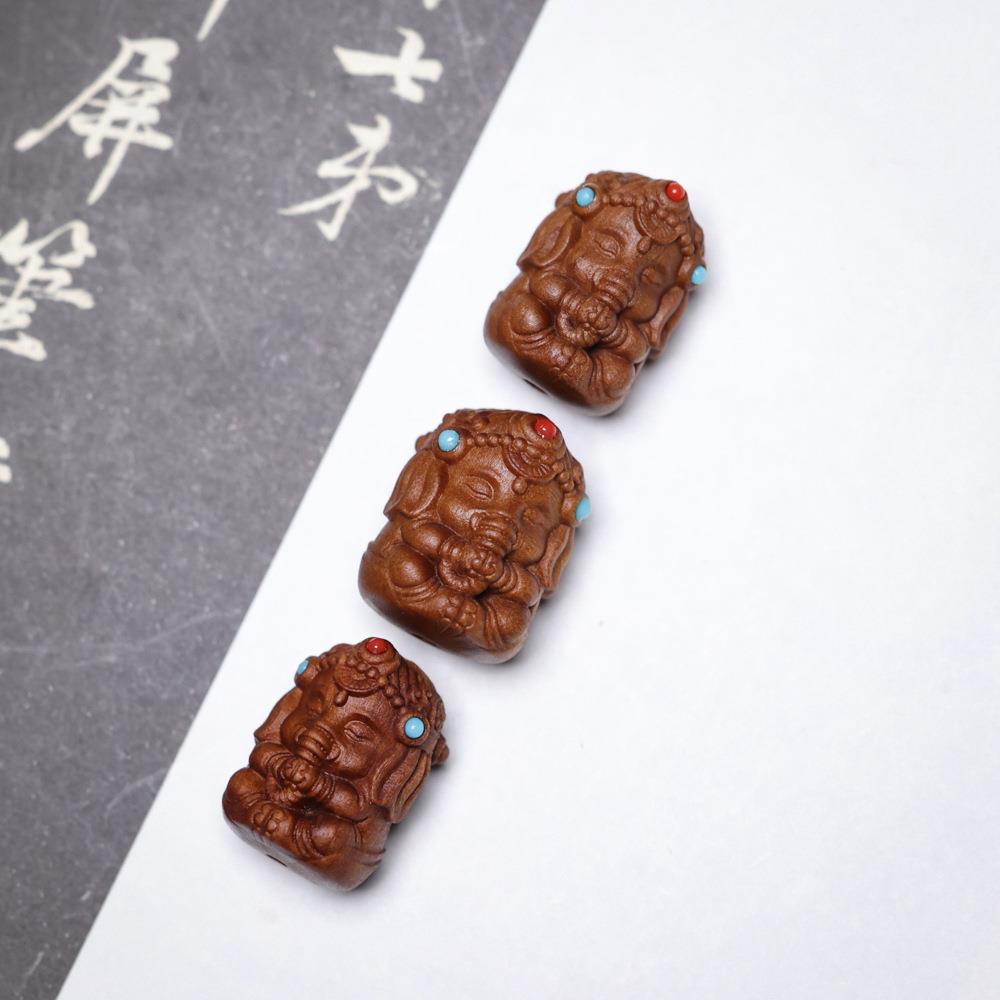 老山檀象神镶嵌红蓝松石手机链钥匙扣挂件手工吊坠文玩饰品男