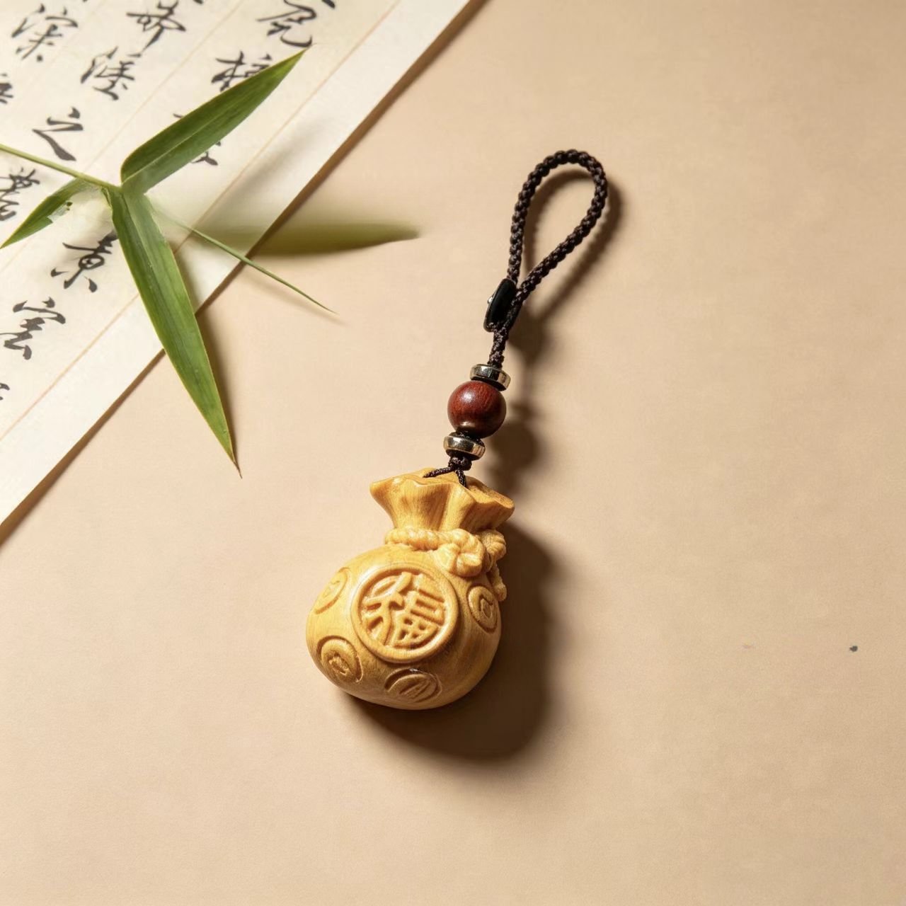 黄金木福袋纳财进宝车载挂件木雕