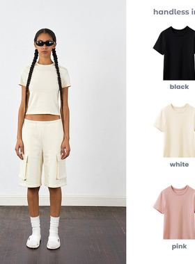 handless inc 欧美街头正肩系列-T恤 短款正肩纯棉修身短袖T恤女