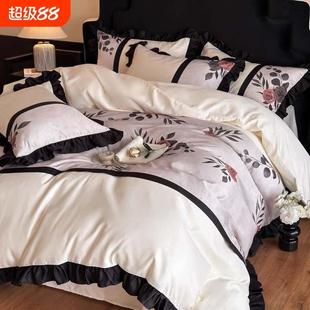 覆古风水洗棉四件套高级感花边被套印花床单床上用品床笠款 法式