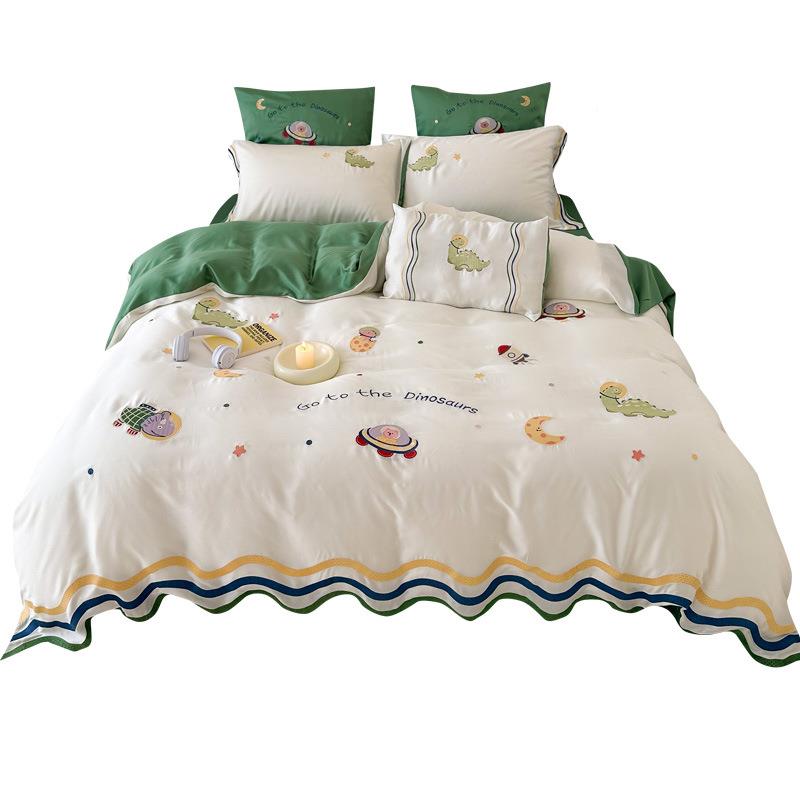 通风绣春夏6S双面天丝四件套可爱刺凉感儿童款被套床上0X24用品1.