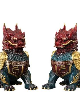 祥瑞麒麟彩铜一对摆件黄铜家居客厅玄关桌面摆放装饰品店铺铜摆饰