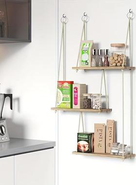 木制墙壁装饰植物架浮动架新波西米亚风格卧室书房客厅置物架吊绳