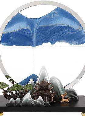 新中式假山流沙画摆件镜面大号沙漏客厅电视柜办公室茶桌面装饰品