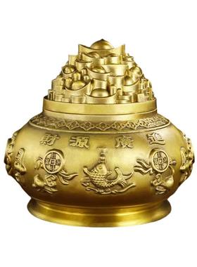 纯黄铜五路财神开盖聚宝盆摆件大号客厅家居店铺办公室装饰工艺品