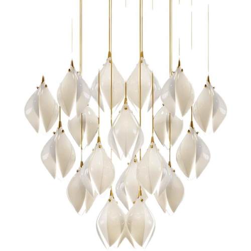 奶油风陶瓷玉兰花吊灯复式别墅楼梯挑空长吊灯客厅跃层花瓣吊灯