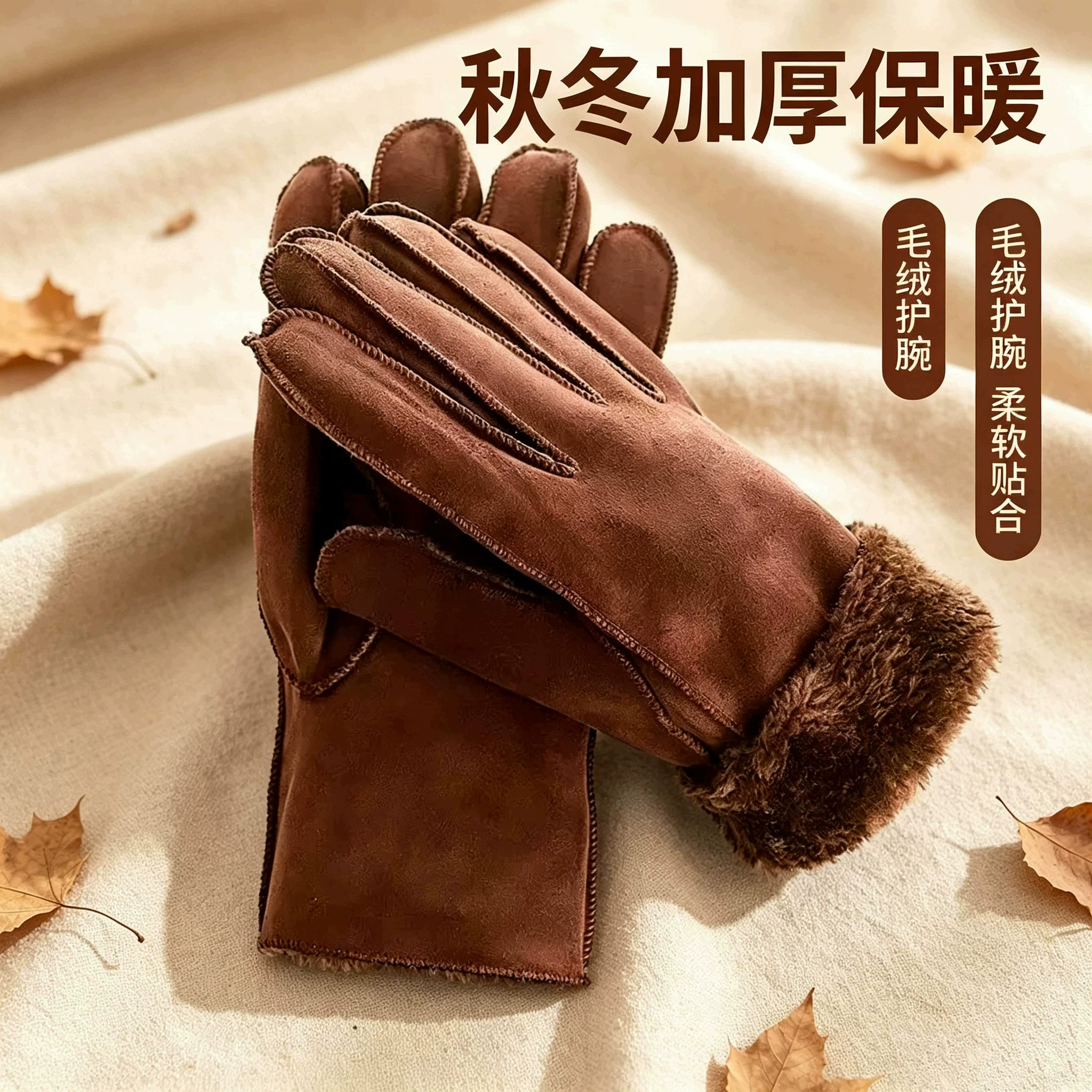 秋冬麂皮绒加绒保暖手套